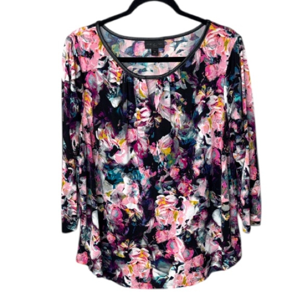 Worthington - Pink & Black Floral Blouse w/ Keyhole and Faux Leather Trim - 1X